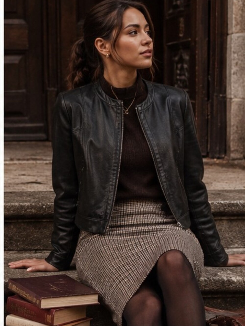 RW&CO Brown Black Micro Houndstooth Plaid Skirt